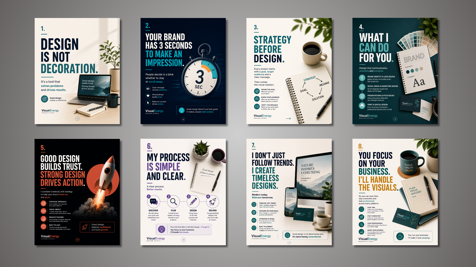 VisualEnergy / Design, Strategy and Visual Communication, eight-slide carousel